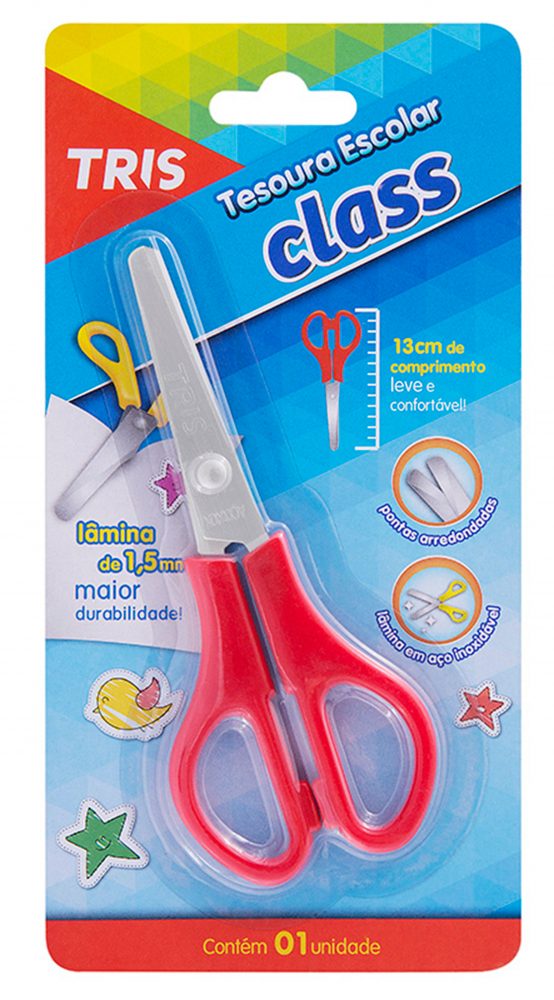 TESOURA ESCOLAR TRIS CLASS BLISTER AZUL 13CM 601571