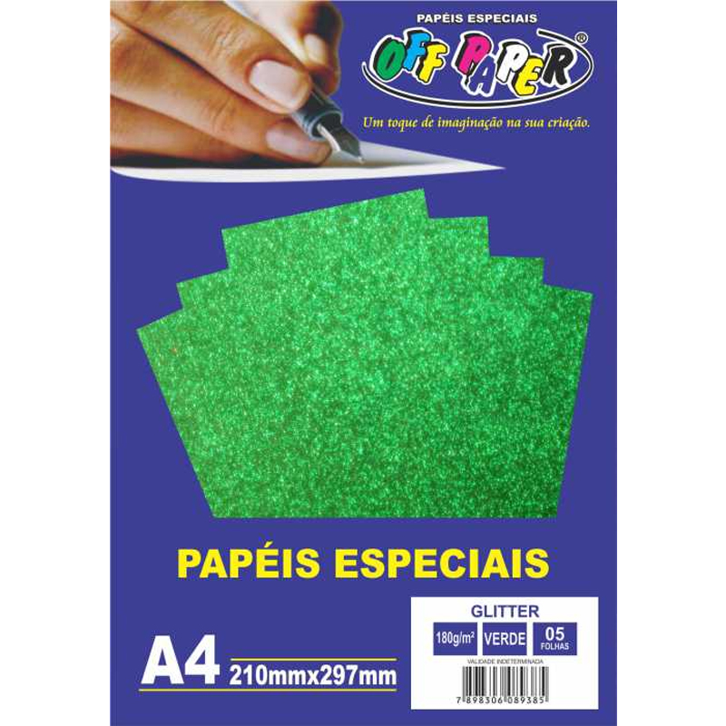 PAPEL OFF PAPER GLITTER 180G A4 5FL VERDE