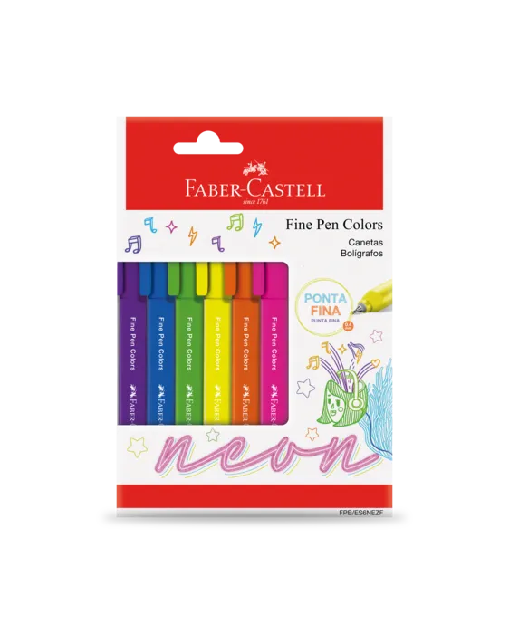 CANETA FABER CASTELL FINE PEN NEON COLORS COM 6 UNIDADES PONTA FINA 0.4MM