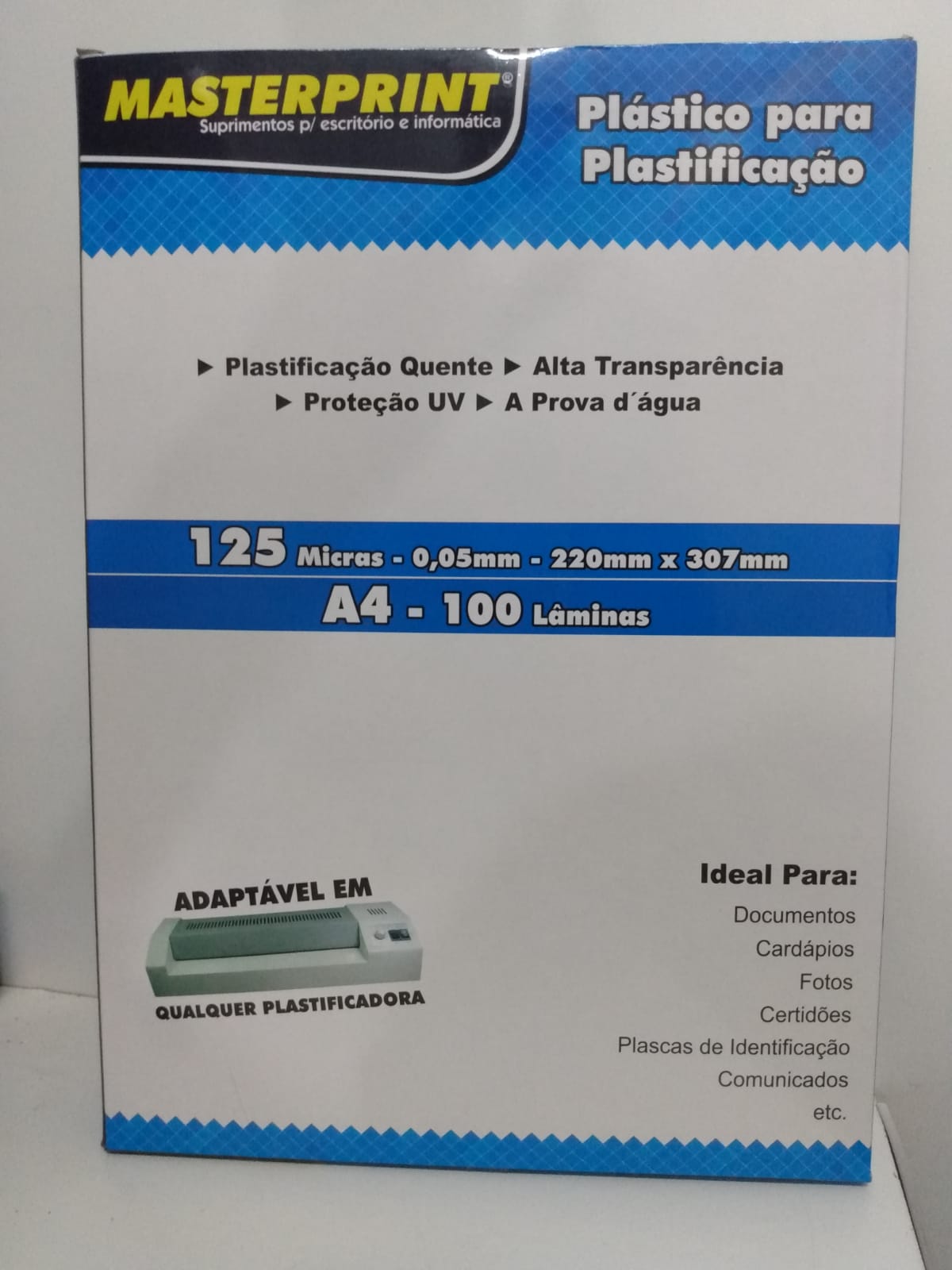 PLASTICO PARA PLASTIFICACAO MASTERPRINT 125 MICRAS A4 100FOLHAS