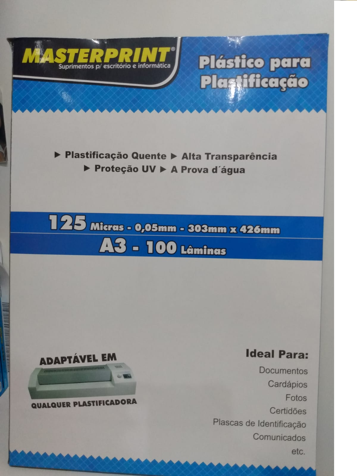 PLASTICO P/ PLASTIFICACAO MASTERPRINT 125 MICRAS A3 100FOLHAS