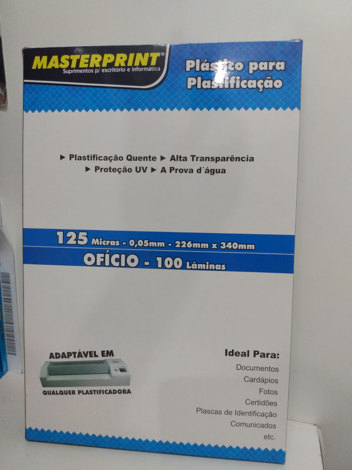 PLASTICO P/ PLASTIFICACAO MASTERPRINT 125 MICRAS OFICIO 100 FOLHAS