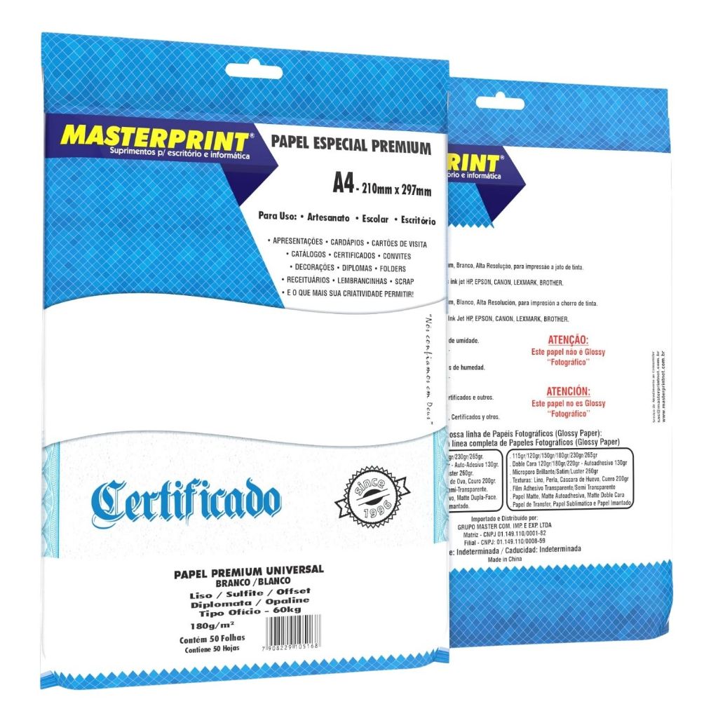 PAPEL 40KG MASTERPRINT DIPLOMATA A4 C/50F BRANCO