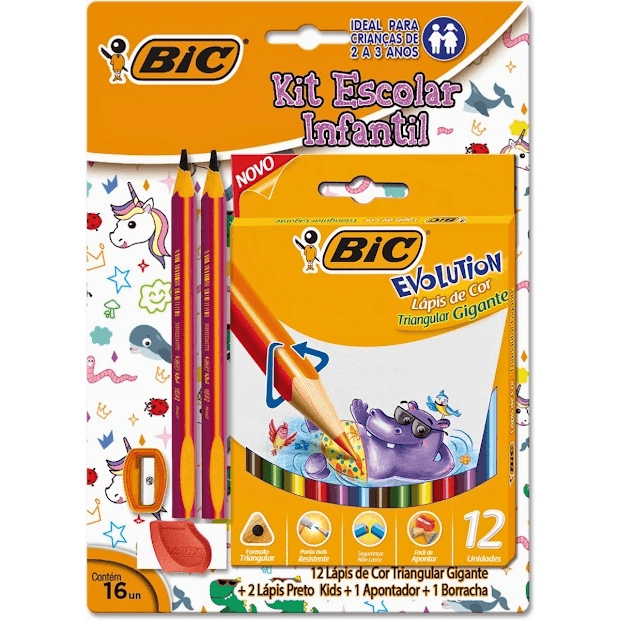 KIT ESCOLAR BIC - LAPIS DE COR, L¿PIS HB APONTADOR E BORRACHA