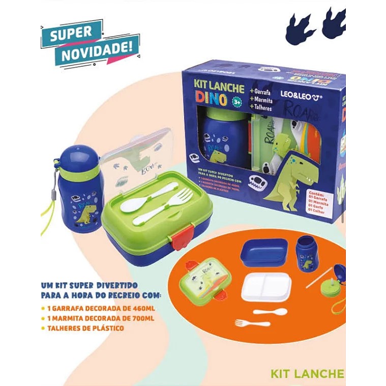 KIT LANCHE LEO&LEO GARRAFA, MARMITA, GARFO E COLHER - DINO