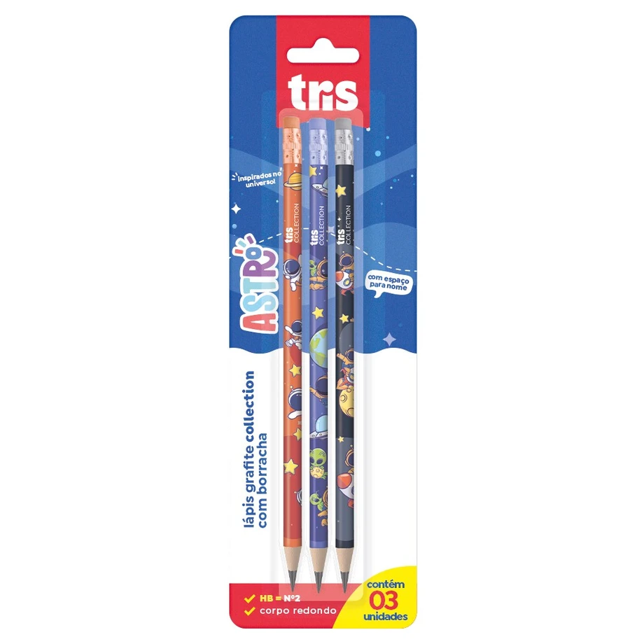LAPIS TRIS ASTRO C/ BORRACHA BLISTER C/3