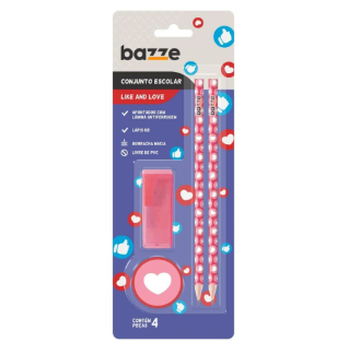 KIT ESCOLAR BAZZE LIKE LOVE C/4 (L¿PIS HB, APONTADOR E BORRACHA)