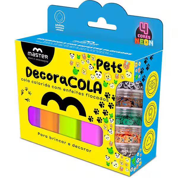 COLA COLORIDA MASTER DECORACOLA COLECAO PETS C/ 4 CORES NEON E ENFEITES FLOCADOS