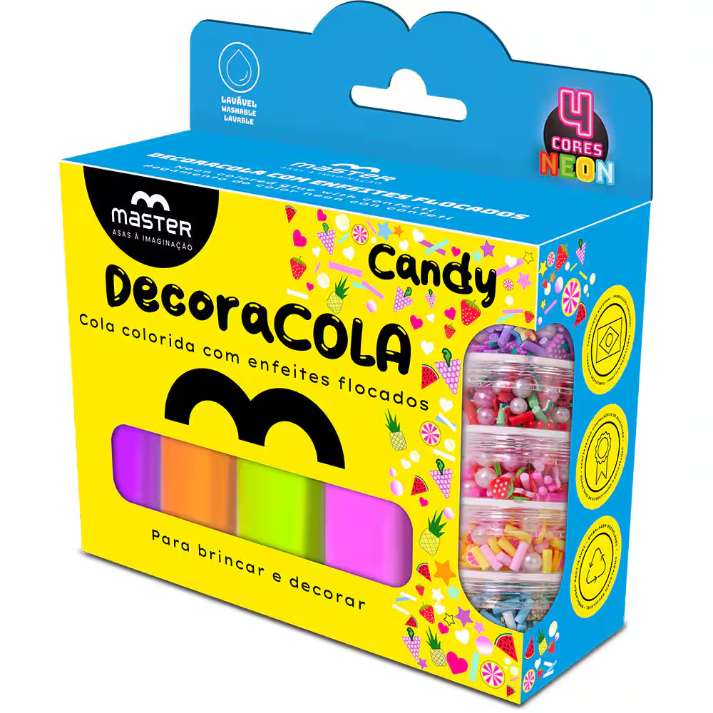 COLA COLORIDA MASTER DECORACOLA COLECAO CANDY C/4 CORES NEON E ENFEITES FLOCADOS