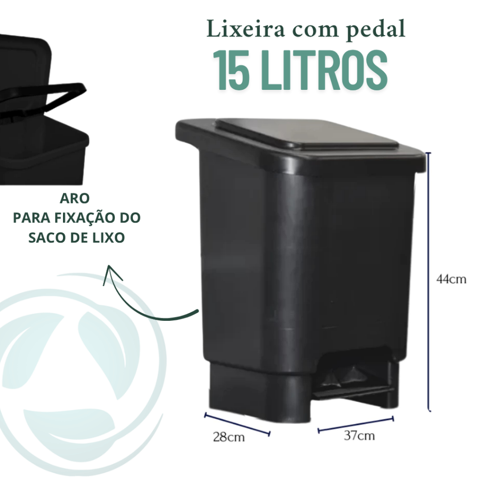 LIXEIRA PEDAL 15 LTS PRETA TAMPA PRATA