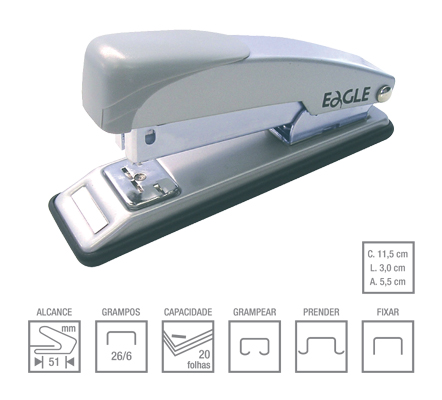 GRAMPEADOR EAGLE 205 ESTRUTURA METALICA, COM APOIO E BASE PLASTICA. CAPACIDADE ATE 20 FOLHAS PARA GRAMPO 26/6